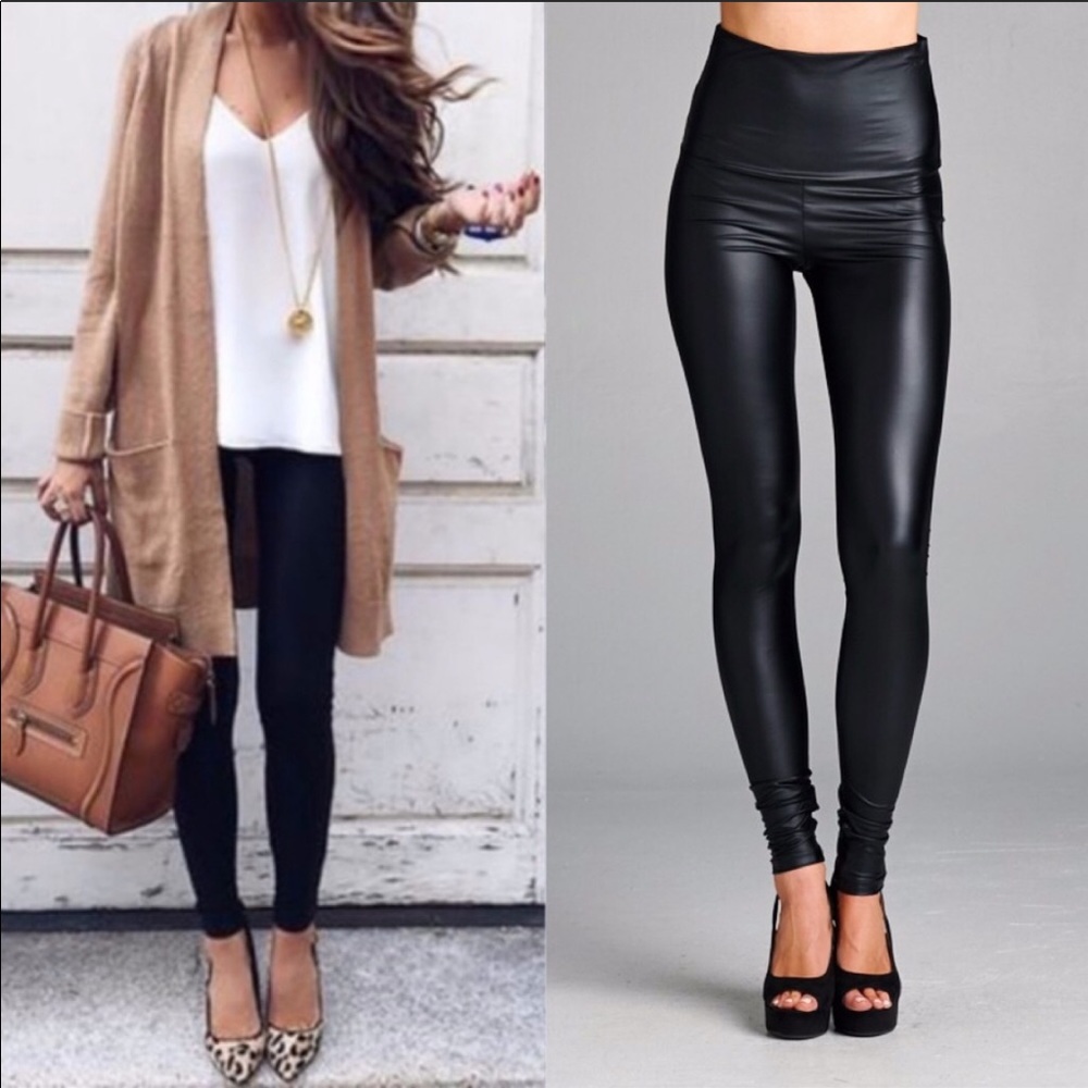 Faux Leather High Waist Leggings Tummy Control Lined - Picture 1 of 6